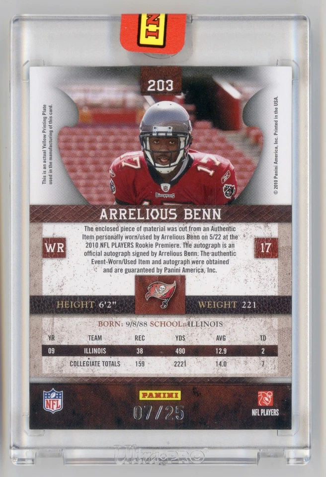 2010 Plates & Patches Arrelious Benn RC FS Prime Jersey Nameplate patch auto /25 - Image 2 of 2