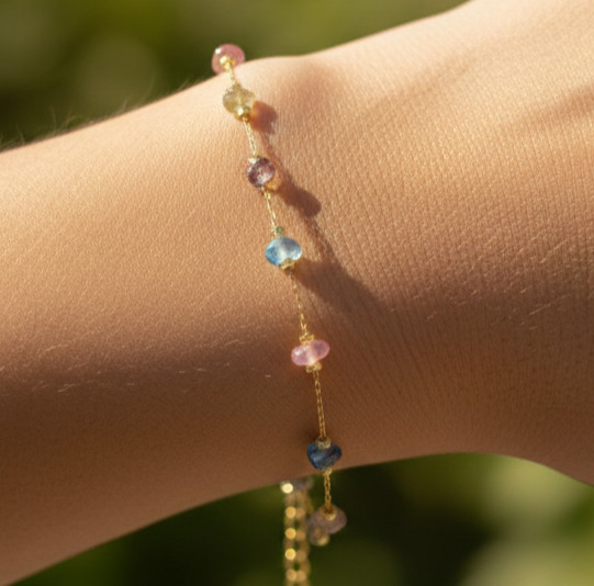 Elegant Gold Color Tourmaline Bracelet Minimalist Boho Multi Color Stone Chain