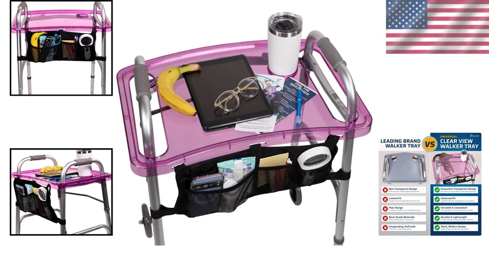Transparent Walker Tray with Cup Holder + Detachable Bag - Premium Mobility Aid - Image 2 of 4