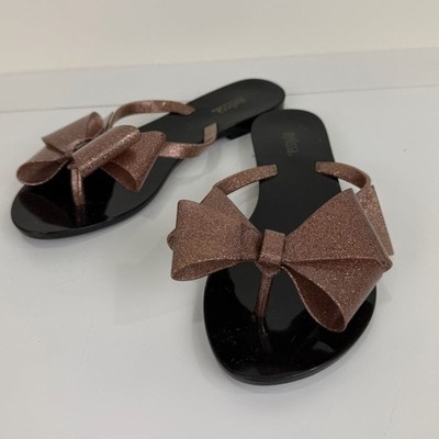 Melissa Rose Gold Glitter Bow Jelly Thong Sandals Y2K Barbiecore Size 6