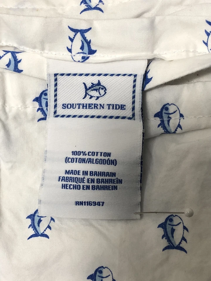 Sábanas planas y ajustadas Southern Tide con logotipo estampado doble blanco azul algodón Foto 4 de 4