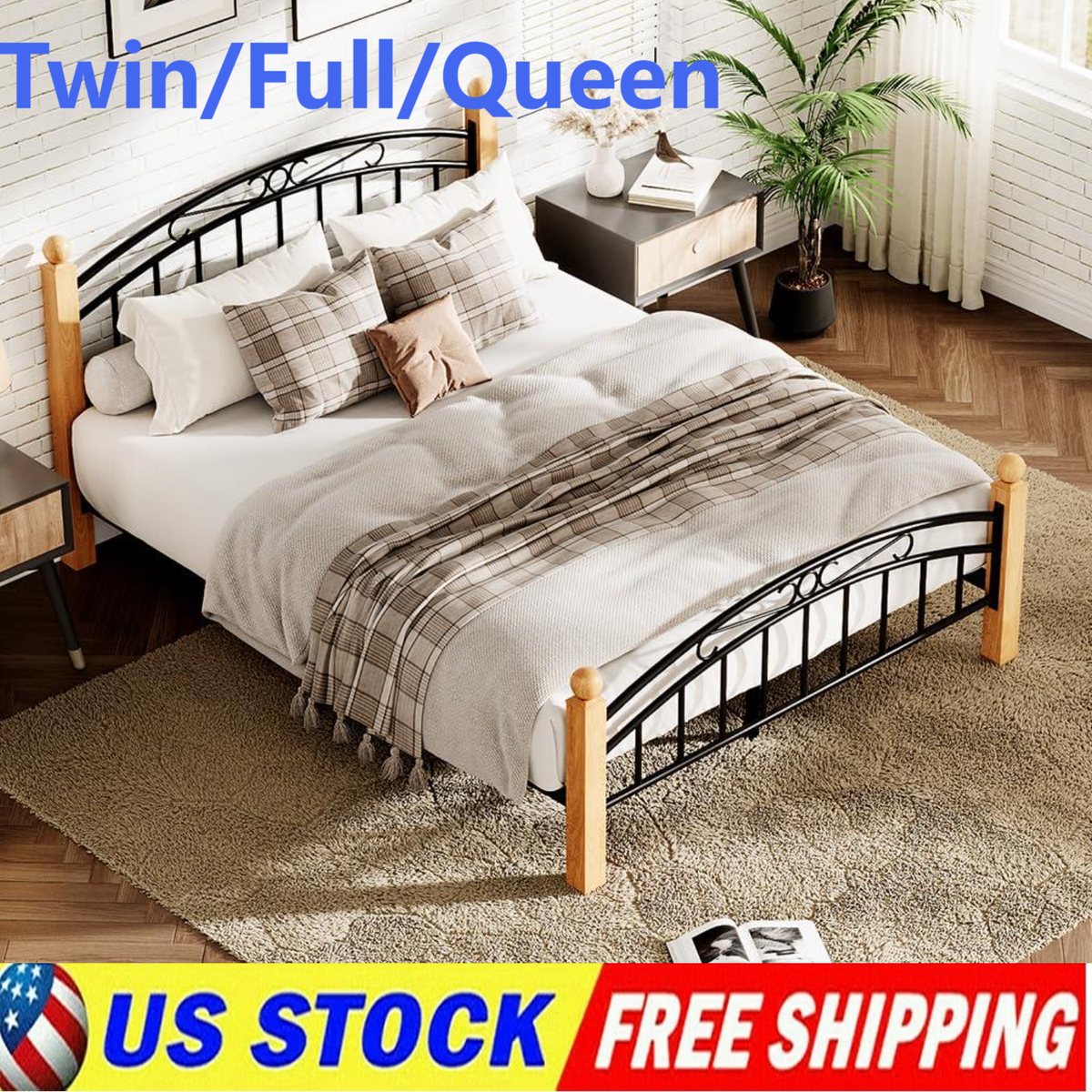 Queen/Twin/Full Metal Platform Bed Frame with White Headboard
