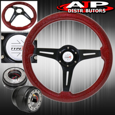 Slim Quick Release For 89-05 Eclipse + Red Wood Black Deep Dish Steering Wheel