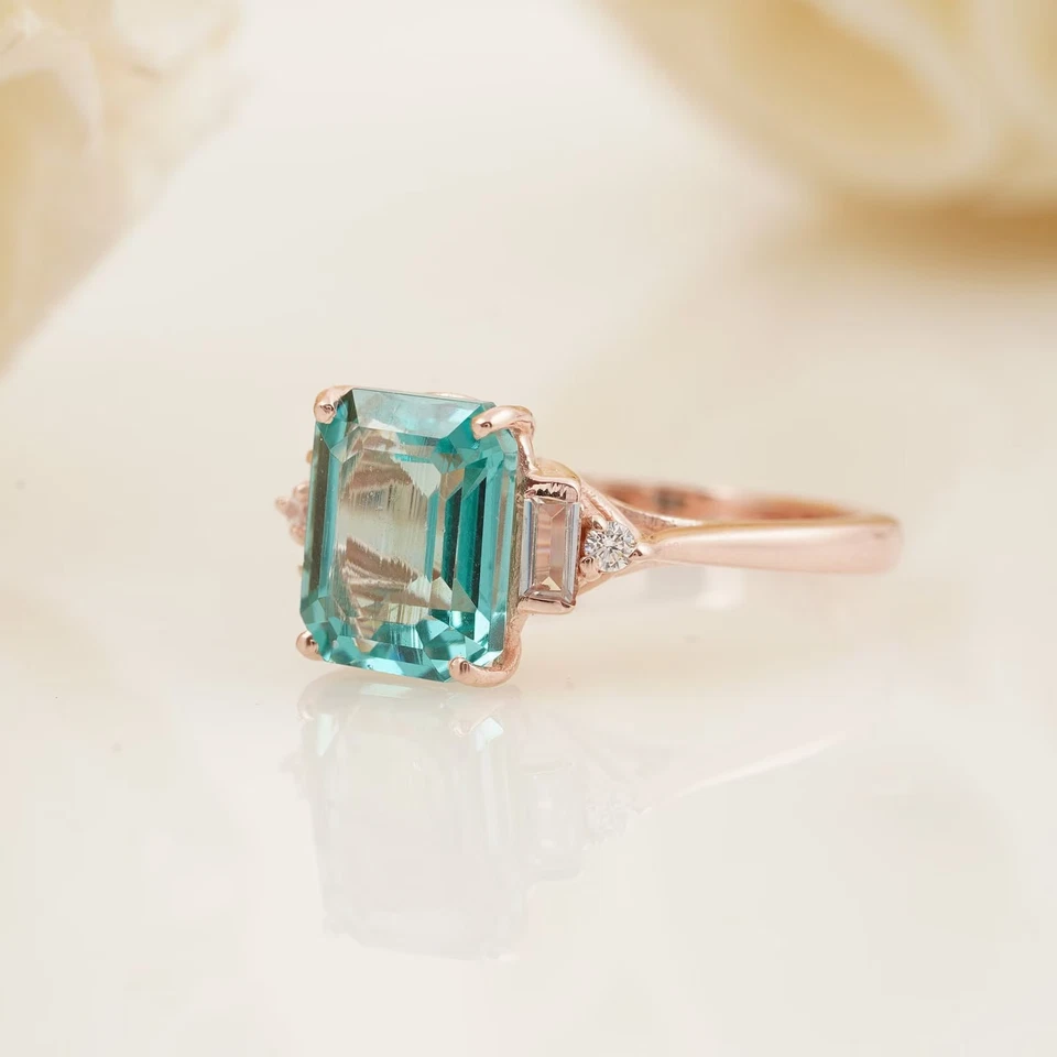 Anillo de compromiso aguamarina corte esmeralda chapado en oro plata anillo de compromiso regalo Foto 2 de 4