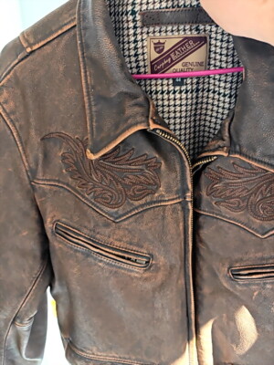 Mens Vintage Style Tea-core Cowhide Leather Jacket Embroidery Washed Distressed