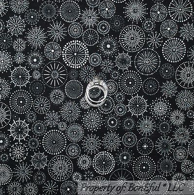 BonEful Fabric FQ Cotton Quilt VTG Black White Silver B&W Snowflake Flower Dot 