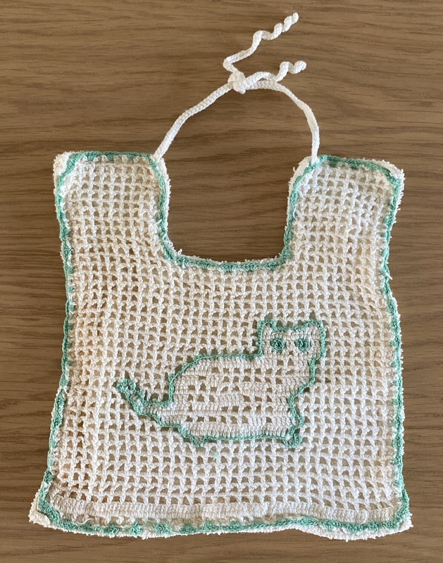 Vintage Cotton Kitty Crocheted Cream/teal Baby Bib Hand Made Lined Terry Cloth