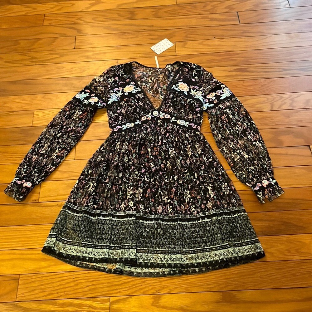 Free People Dress Womens 0 Black Floral Lace Embroidered A Line Long Sleeves