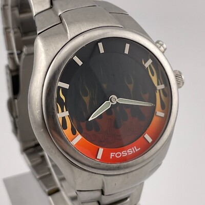 Fossil Big Tic Watch JR-8115 Mens Flames Dial 39mm Case Quartz Bracelet Band