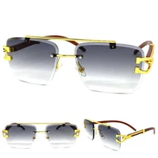 Mens CLASSY Elegant Sophisticated Retro Hip Hop SUN GLASSES Gold Faux Wood Frame