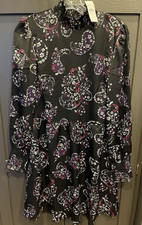LOFT Paisley Smocked Flare Dress Black Long Sleeve Lined Womens Size 4 NEW NWT