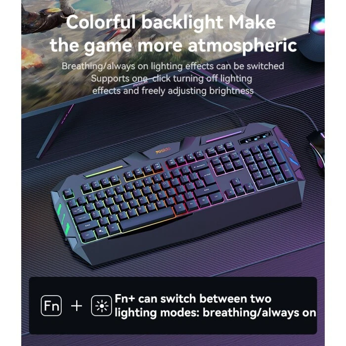 YESIDO KB21 Gaming Keyboard Wired USB 104 Keys Rainbow LED Backlight For PC Mac - Image 2 of 4