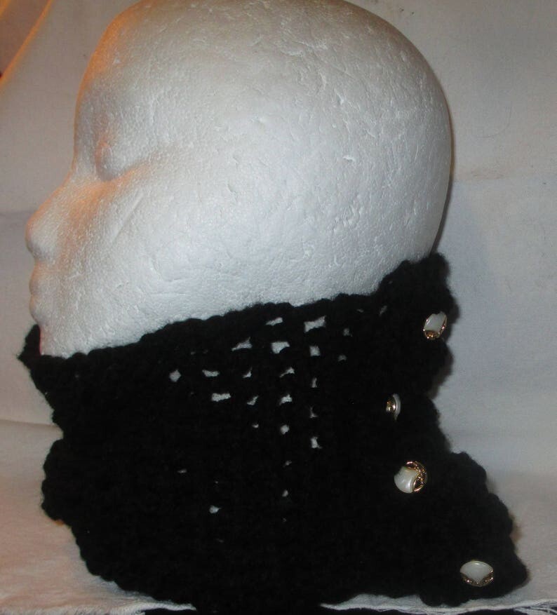 Hand crocheted black cowl with vintage button - wearable art
