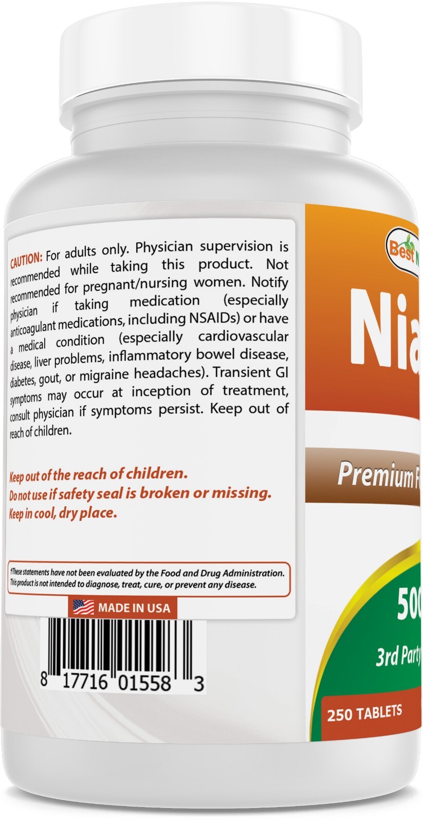 Best Naturals Niacin 500mg 250 Tablets with Flushing Also Called