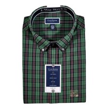 Club Room Slim Fit Plaid Dress Shirt Men Small 14-14.5 Green Black Stretch NEW