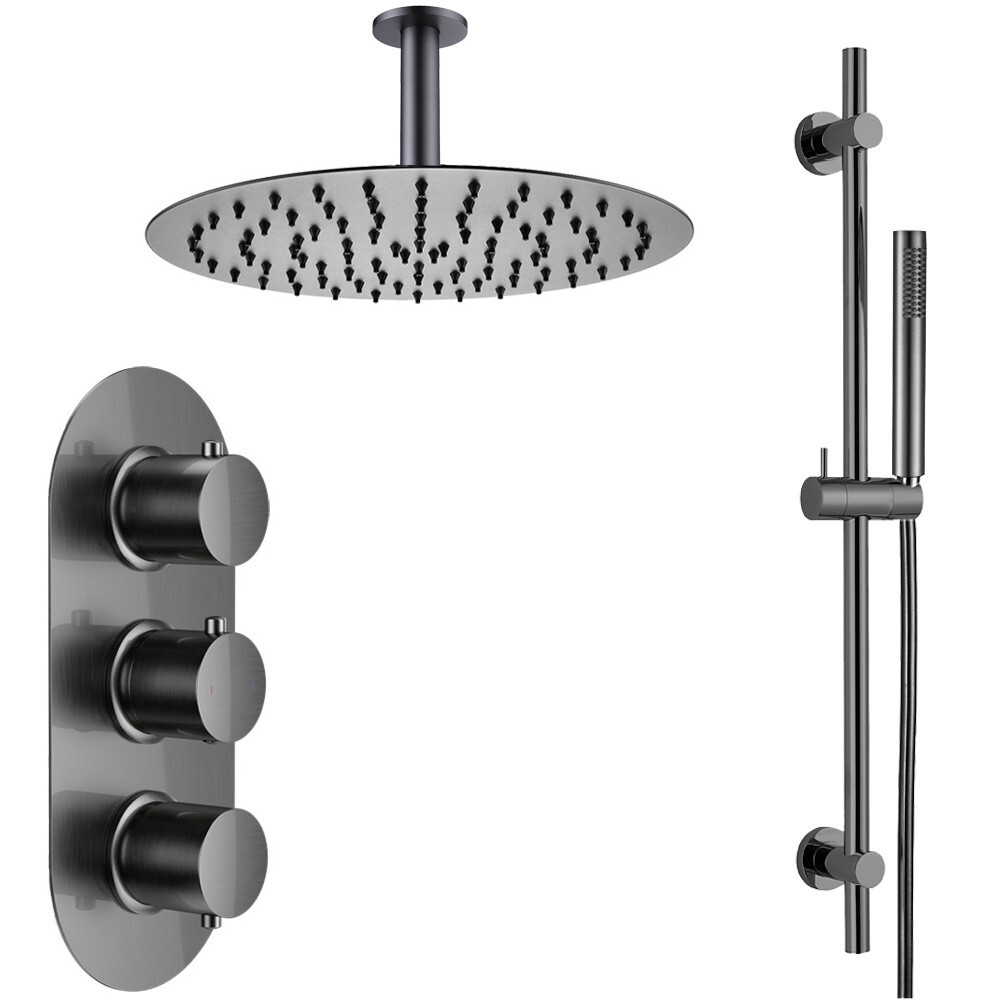 Gunmetal Round Trip Concealed Thermostatic Shower Mixer Valve Kit 2 Outlet