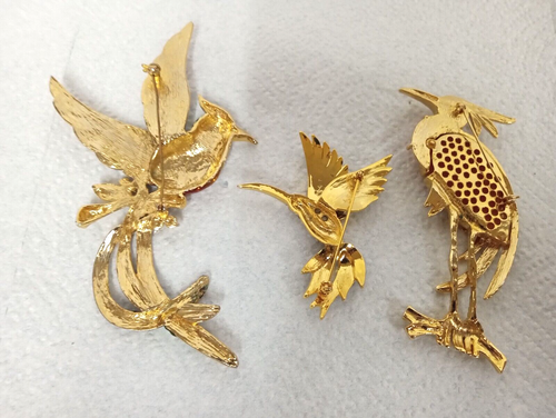 LOT 3 BROOCHES PINS RHINESTONES ENAMEL BIRD OF PARADISE HUMMINGBIRD FLAMINGO - Picture 2 of 6