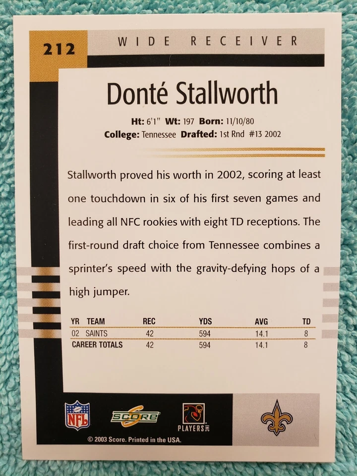 2003 SCORE DONTE STALLWORTH #212 NEW ORLEANS SAINTS - Image 3 of 4