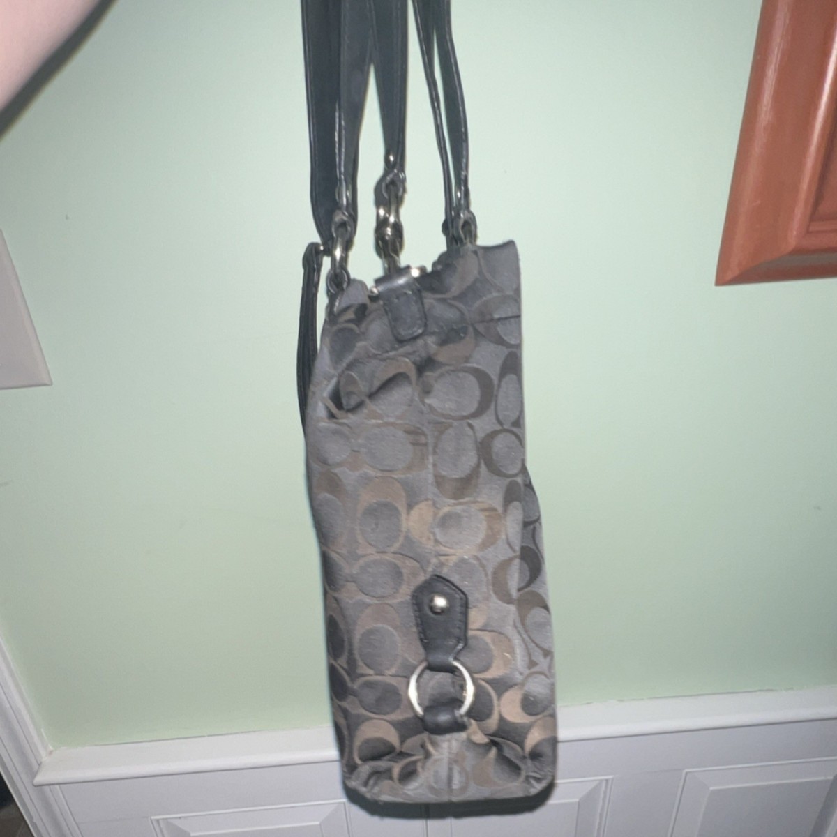 Coach Signature Logo Shoulder Bag Black/Gray Zip Silver Hardware
