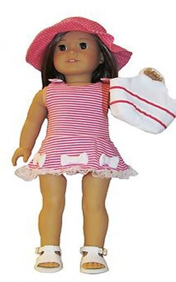 Pink Striped Lace Trim Dress with Hat & Purse 3pc Set Fits 18in Girl Dolls