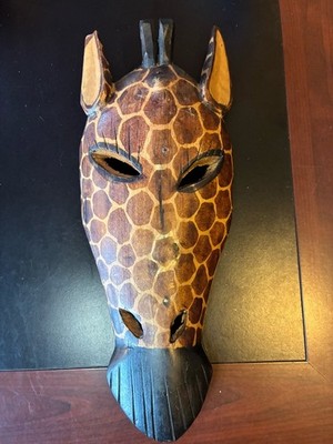 Wooden African Hand-Carved Wood Giraffe Mask Wall Hanging