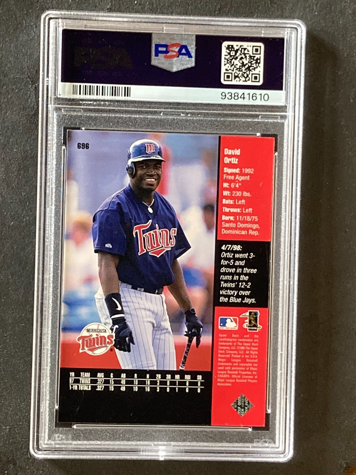 1998 Upper Deck #696 David Ortiz RC PSA 9 view 2