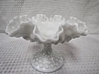Vintage Fenton Hobnail White Milk Glass Ruffled Compote Pedestal Candy Dish Bowl