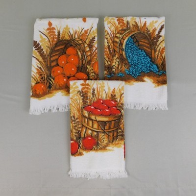 Vintage Kitschy 3pc Fringe Kitchen Tea Towels Retro Country Fruit Baskets #1613