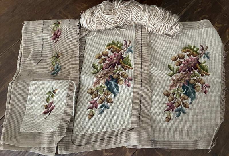 Vintage Needlepoint Tapestry Canvas Floral Flowers - Set Of 3 Pieces Unfinished