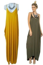 Casual 2 Pack Maxi Dresses Women's M Olive Mustard Yellow Loose Fit Thin Straps