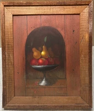 Vintage DONALD F ALLAN 'Still Life w APPLES & PEARS' Tromp L'oiel OIL PAINTING