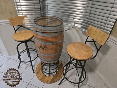 Pub style barrel table. Unique high end materials. 42'' tall, 23'' wide at base.