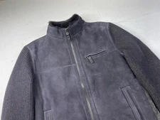 Gimo’s Men Leather Shearling Suede Jacket Coat Black Blue Paneled Wool Large