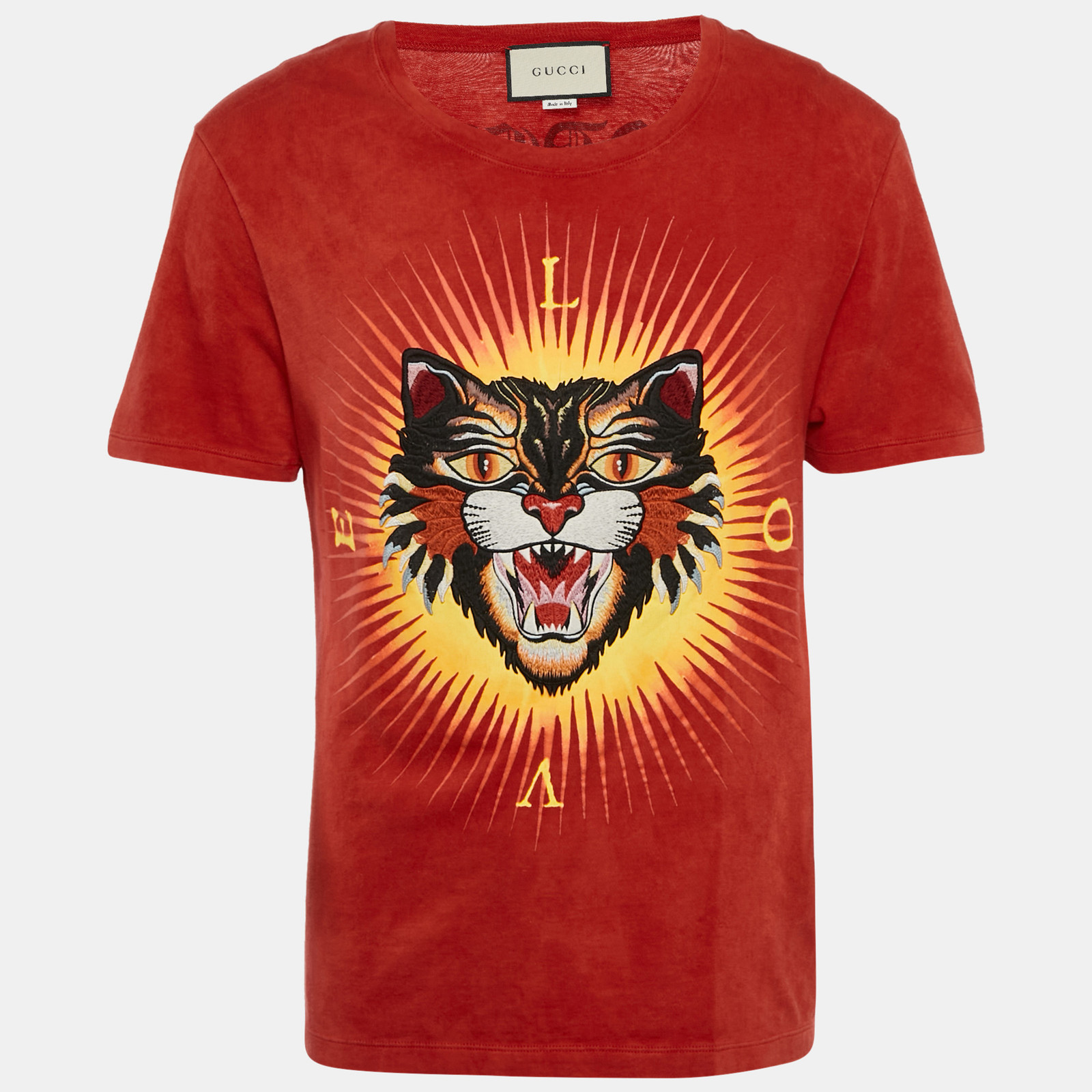 Gucci Red Angry Cat Embroidered Cotton T-Shirt Size S