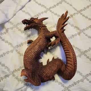 8" Hand Carved Wooden Dragon Statue Sculpture Figurine Wood Art Home Decor