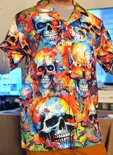 Skull-Themed Halloween Hawaiian Button Down Shirt, Short Sleeve Unisex Lg. NEW 
