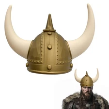 Adult Gold Medieval Viking Helmet with Horns Barbarian Halloween Costume Prop