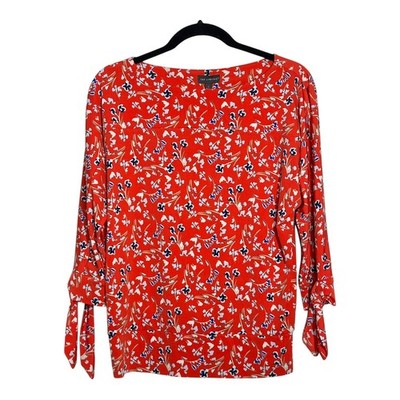 The Limited Red Floral Cold Shoulder Tie Cuff Blouse Womens Small Boat Neck Top