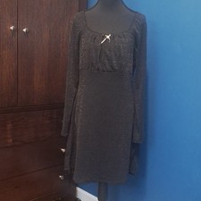 AS U WISH Black A-Line Long Sleeve Knee Length Scoop Neck Bow Dress L