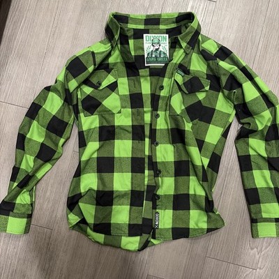 Dixxon Gang Green Flannel Shirt Mens M Green Black Plaid Pre Pleat Long Sleeve