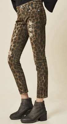 R13 Kate Leopard Distressed Cropped Skinny Jean $495 Sz 27 Low Rise Stretchy