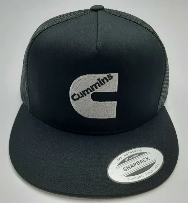 Cummins Flat Bill Yupoong Embroidered Baseball Cap Hat Black Trucker Mesh