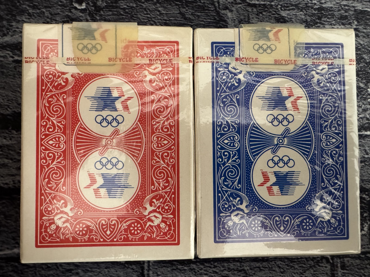 2 vintage decks BICYCLE 1984 OLYMPICS red & blue playing cards