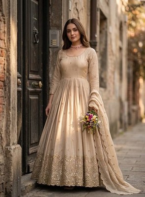 Stunning Pure Chinon Silk Cream Gown Bottom With Dupatta For Function Wear