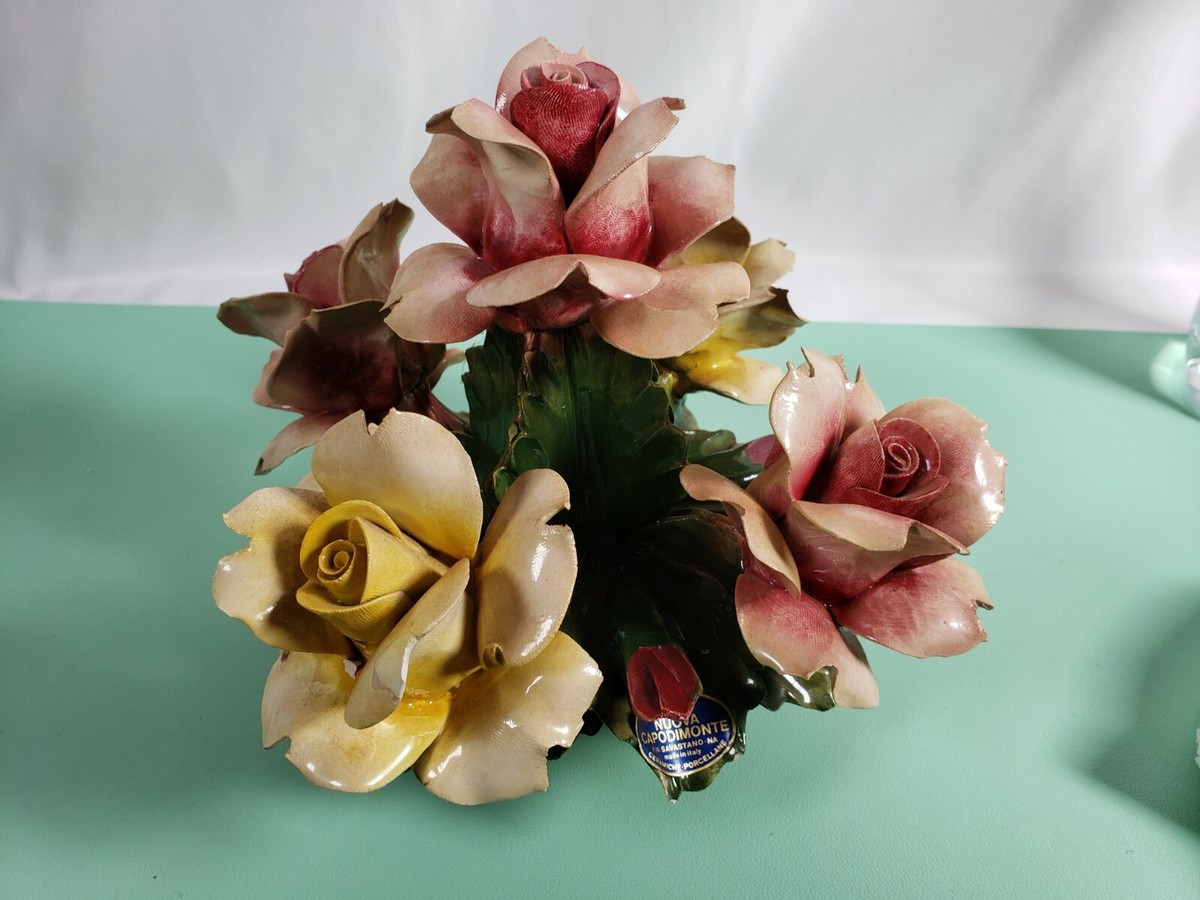 Vintage Italian Nuova Capodimonte Pocelain Flowers In a Basket 7.5