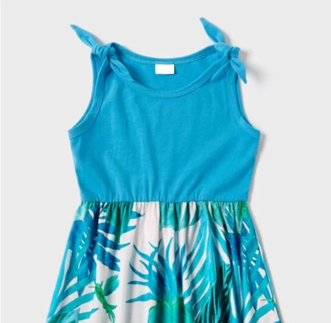 Girls Turquoise Blue Tropical Dress - Palm Print Tank Maxi Dress