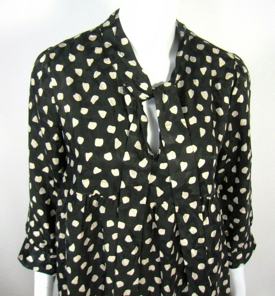 Vestido LUX 100% Seda Negro Crema Lunares Manga Larga Talla M Mediano  Foto 2 de 4