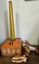 1930s MARX TIN LITHO TOY AIRMAIL HANGAR 41 WITH WIND UP BI PLANE  SKYFLYER RARE