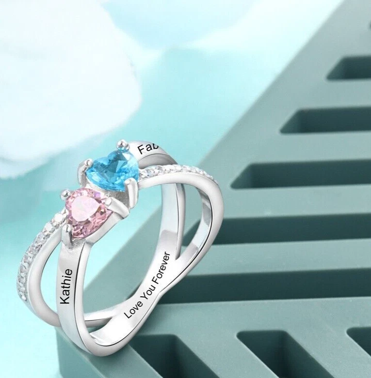 Anillo Personalizado Madre 2 Piedras 2 Nombres Anillo Entrecruzado Piedras en Forma de Corazón Foto 3 de 4