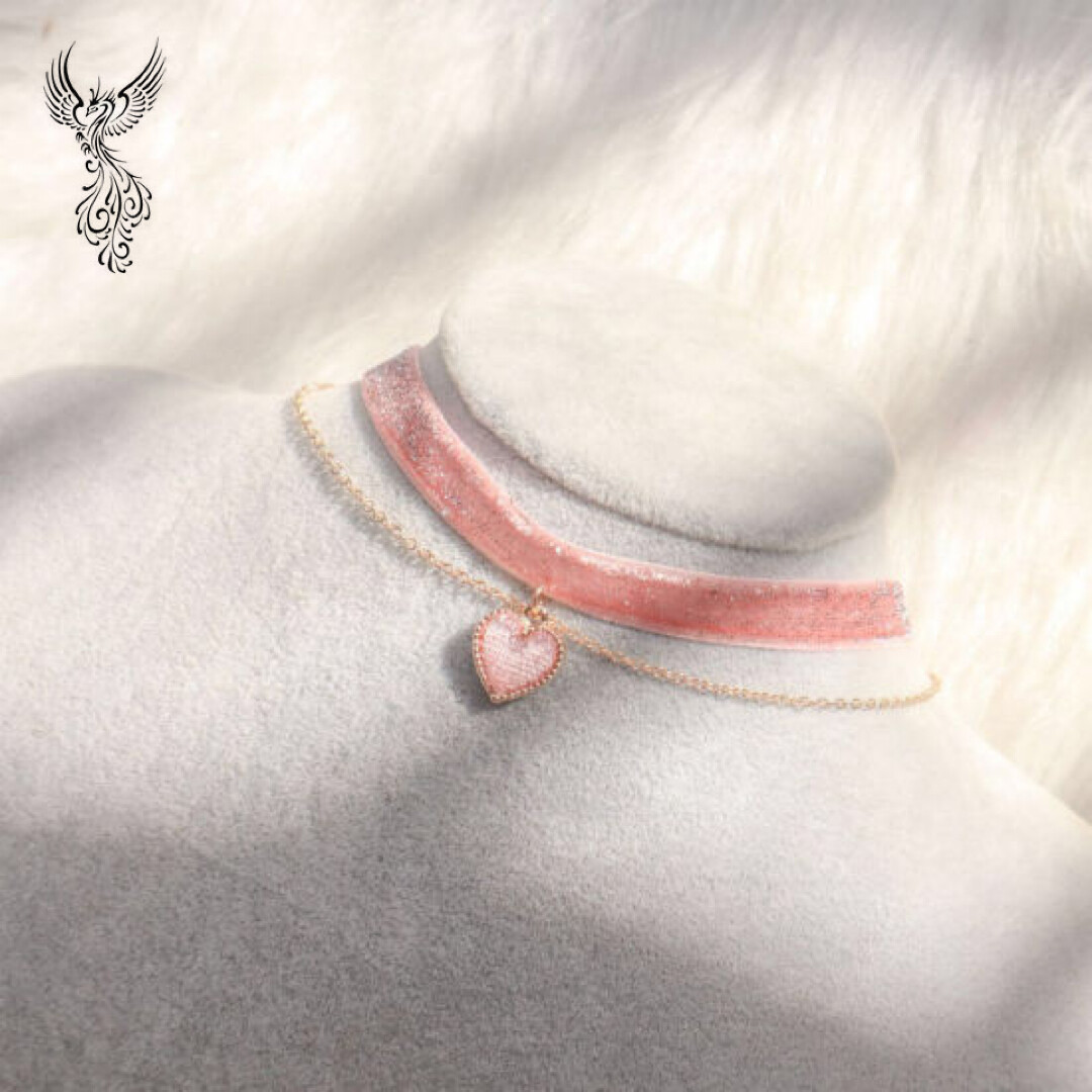 Velvet Peach Pink Heart Choker Necklace (11 6/8